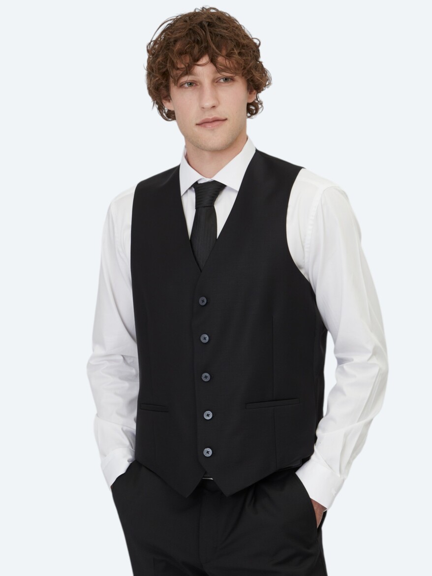 Siyah Slim Fit Klasik Dokuma Yelek - 4