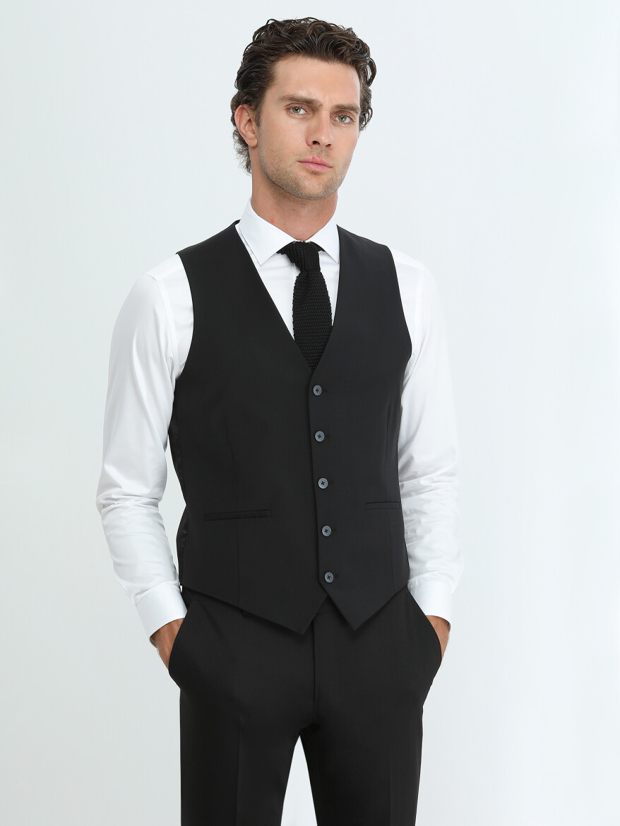 Siyah Slim Fit Klasik Dokuma Yelek - 1