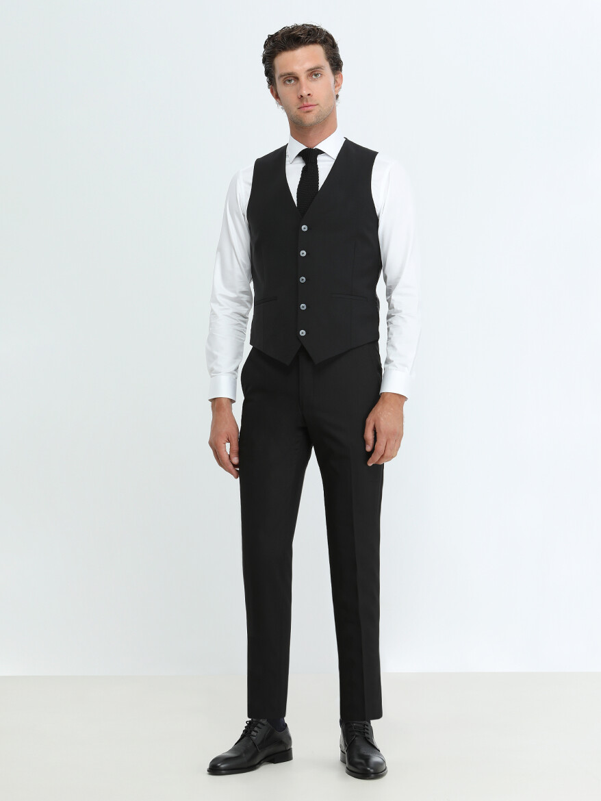 Siyah Slim Fit Klasik Dokuma Yelek - 2