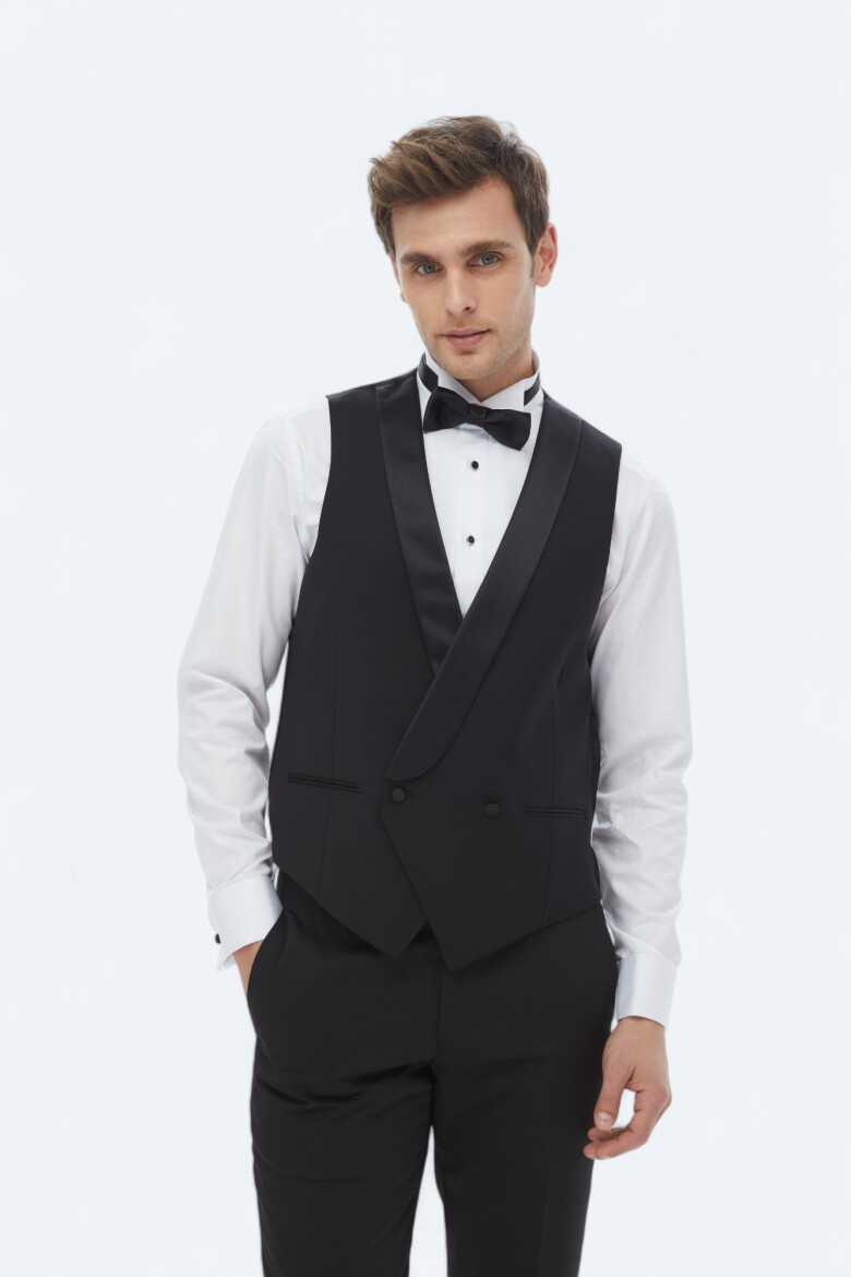 Siyah Slim Fit Şal Yaka Klasik Yelek - 4