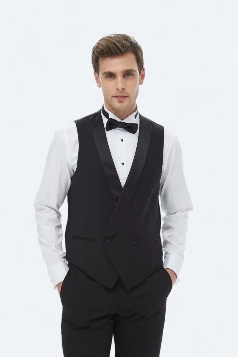 Siyah Slim Fit Şal Yaka Klasik Yelek - 2