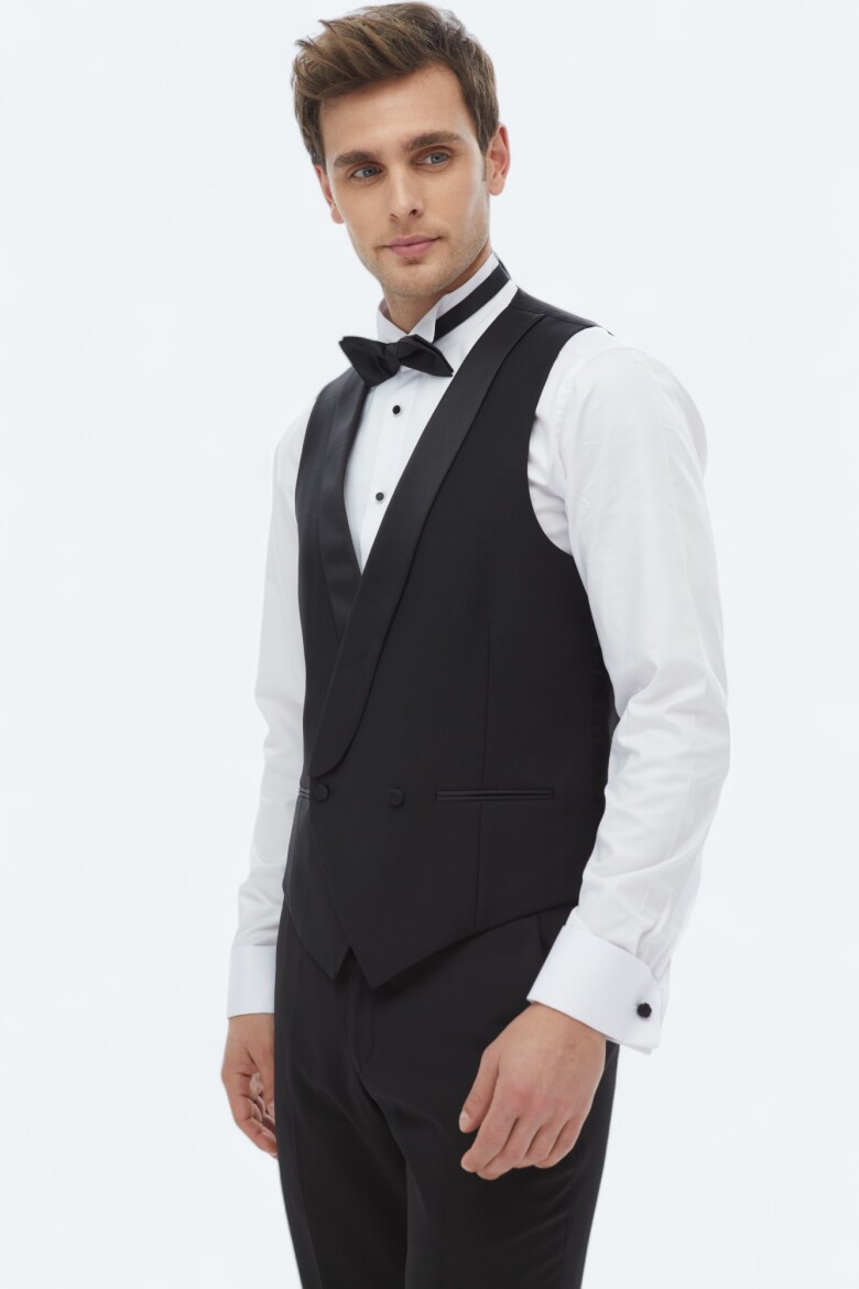 Siyah Slim Fit Şal Yaka Klasik Yelek - 2