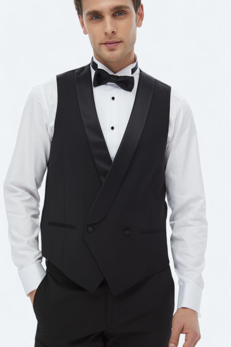 Siyah Slim Fit Şal Yaka Klasik Yelek - 3