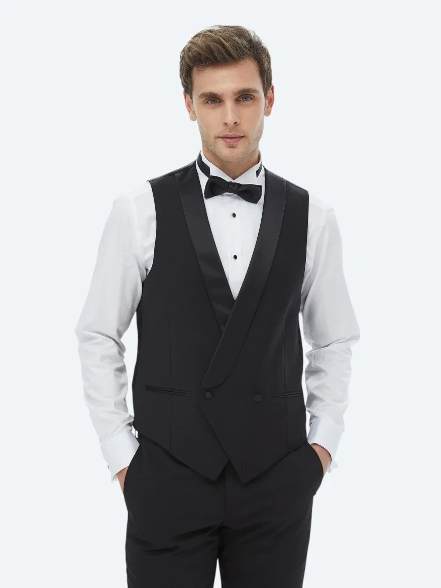 Siyah Slim Fit Şal Yaka Klasik Yelek - 2