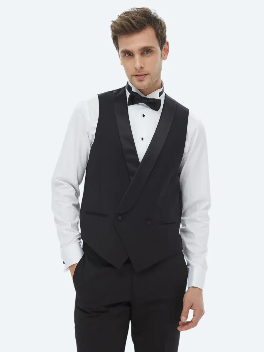 Siyah Slim Fit Şal Yaka Klasik Yelek - 4