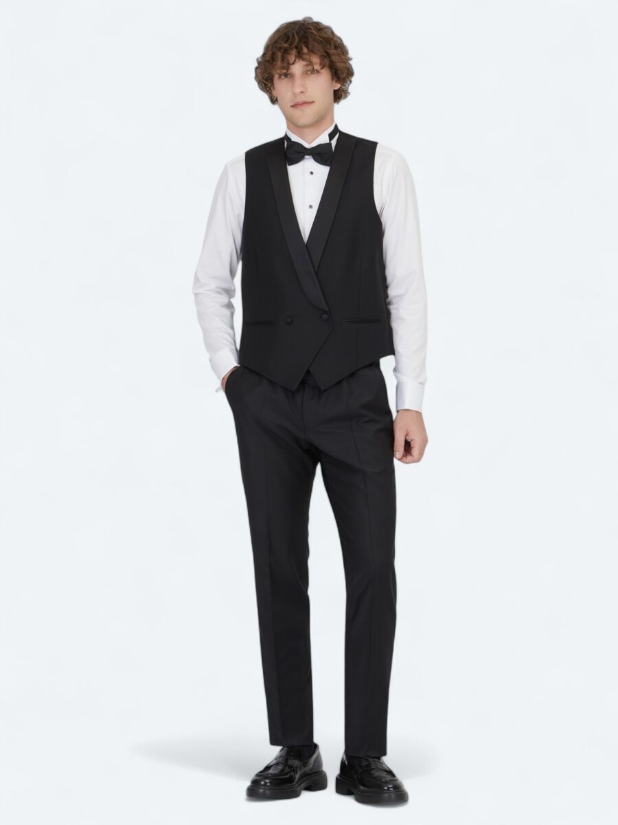 Siyah Slim Fit Şal Yaka Klasik Yelek - 2