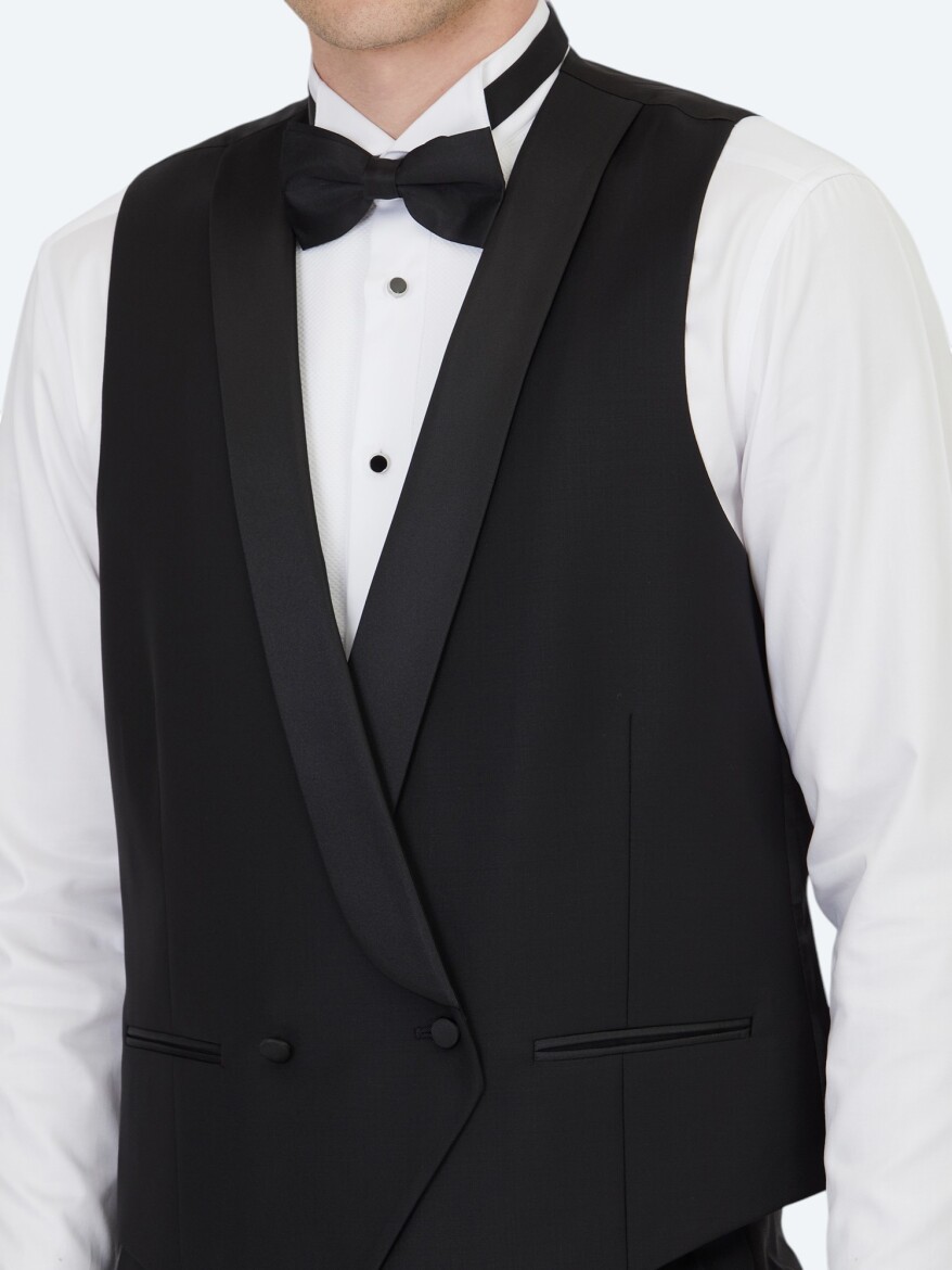 Siyah Slim Fit Şal Yaka Klasik Yelek - 3