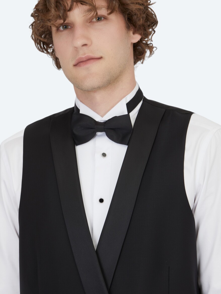 Siyah Slim Fit Şal Yaka Klasik Yelek - 4