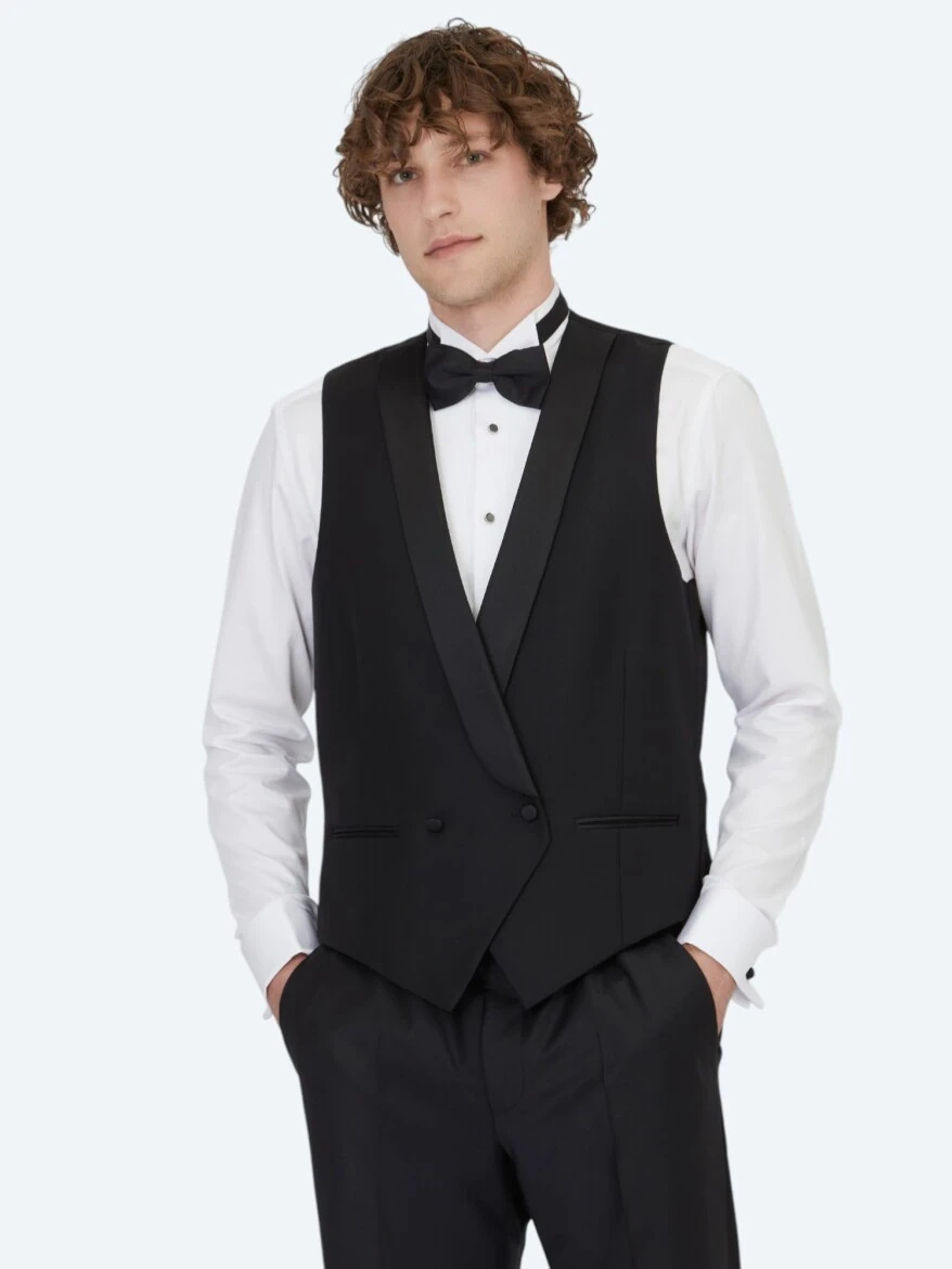 Siyah Slim Fit Şal Yaka Klasik Yelek - 1
