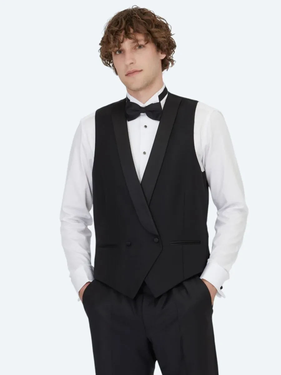 Siyah Slim Fit Şal Yaka Klasik Yelek - 1