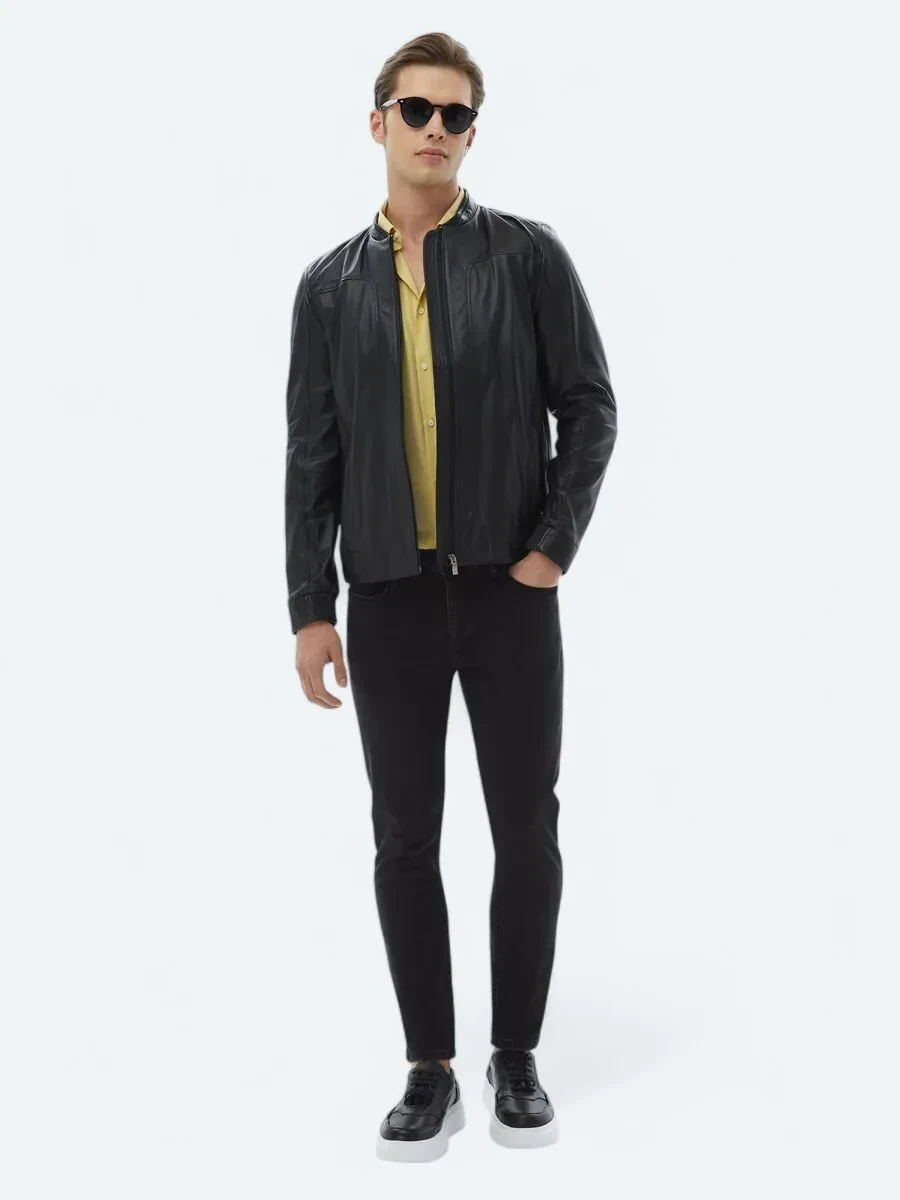 Siyah Smart Casual Koyun Derisi Deri Mont - 2
