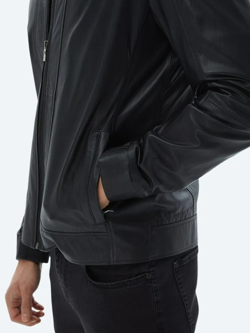 Siyah Smart Casual Koyun Derisi Deri Mont - 6