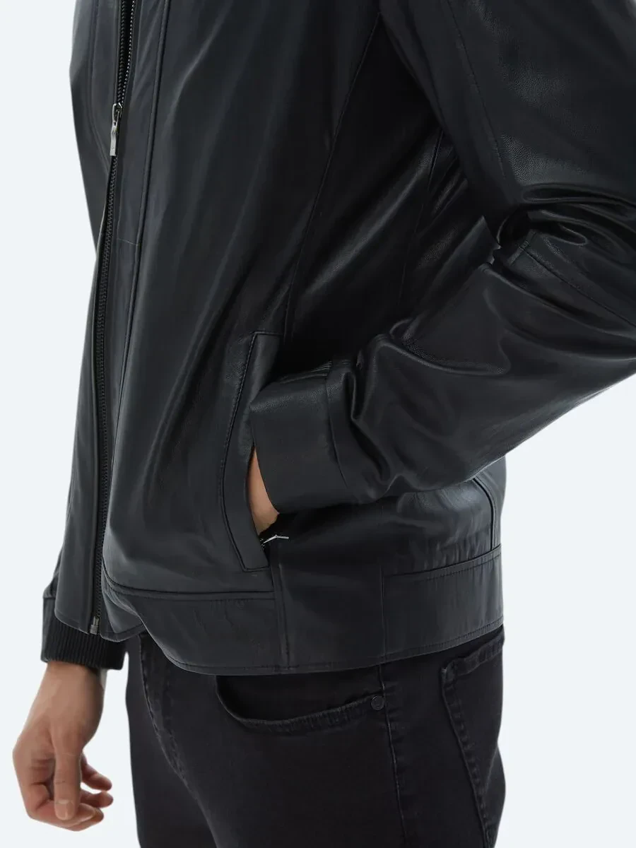 Siyah Smart Casual Koyun Derisi Deri Mont - 6