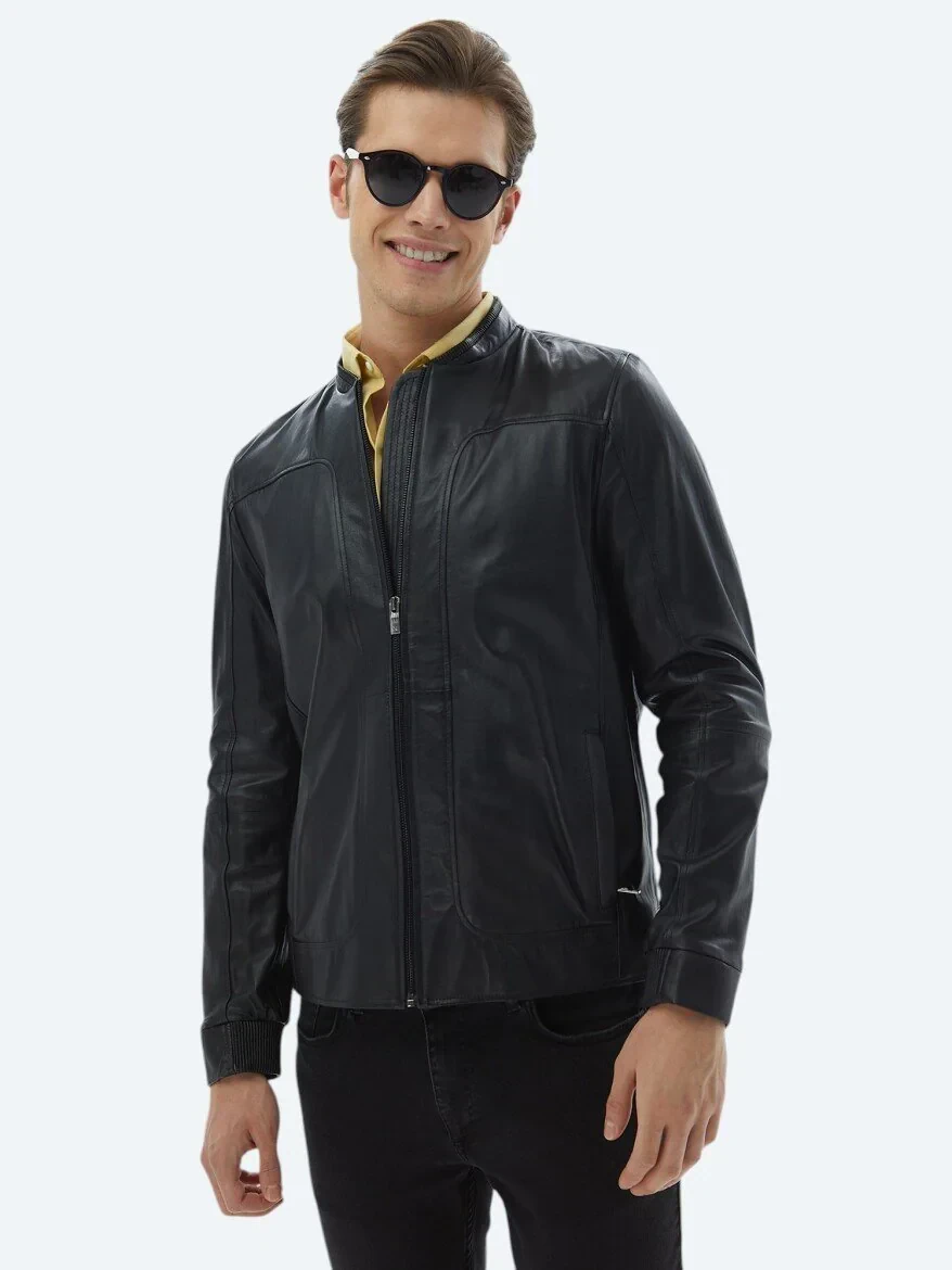 Siyah Smart Casual Koyun Derisi Deri Mont - 7