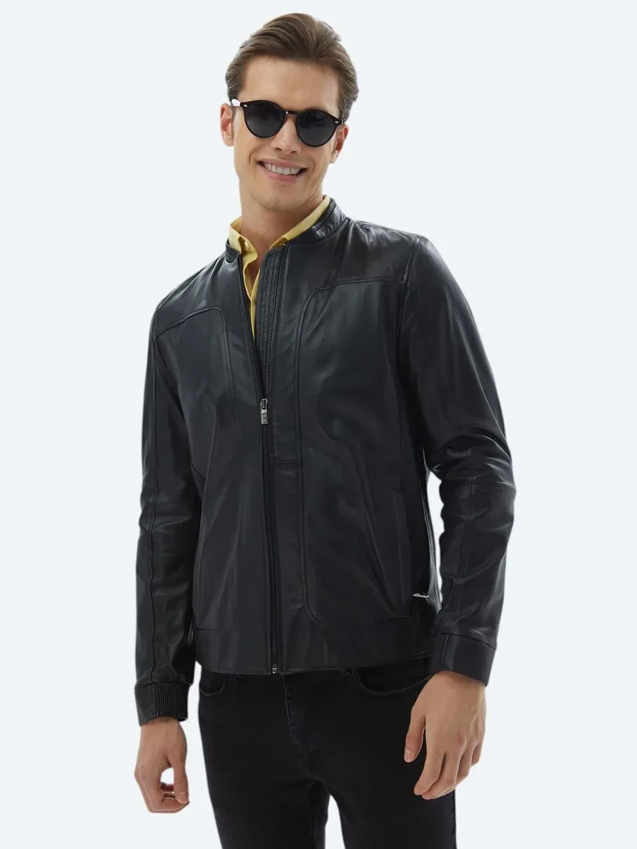 Siyah Smart Casual Koyun Derisi Deri Mont - 7