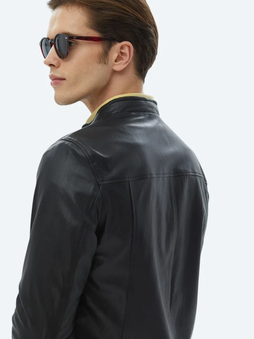 Siyah Smart Casual Koyun Derisi Deri Mont - 9