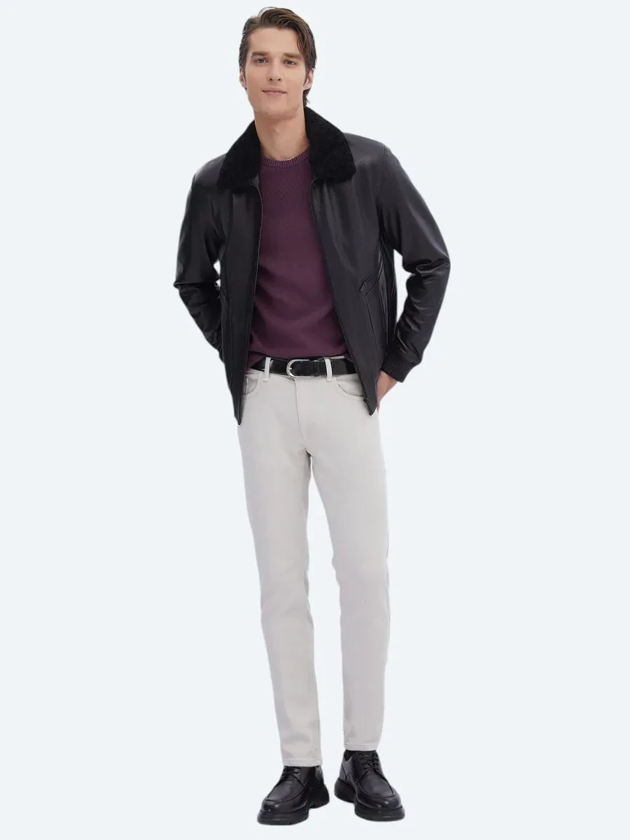 Siyah Smart Casual Koyun Derisi Deri Mont - 2