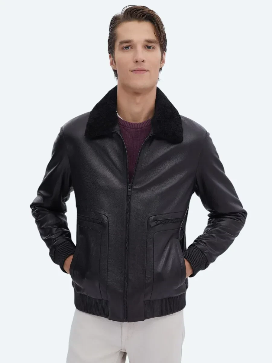 Siyah Smart Casual Koyun Derisi Deri Mont - 3