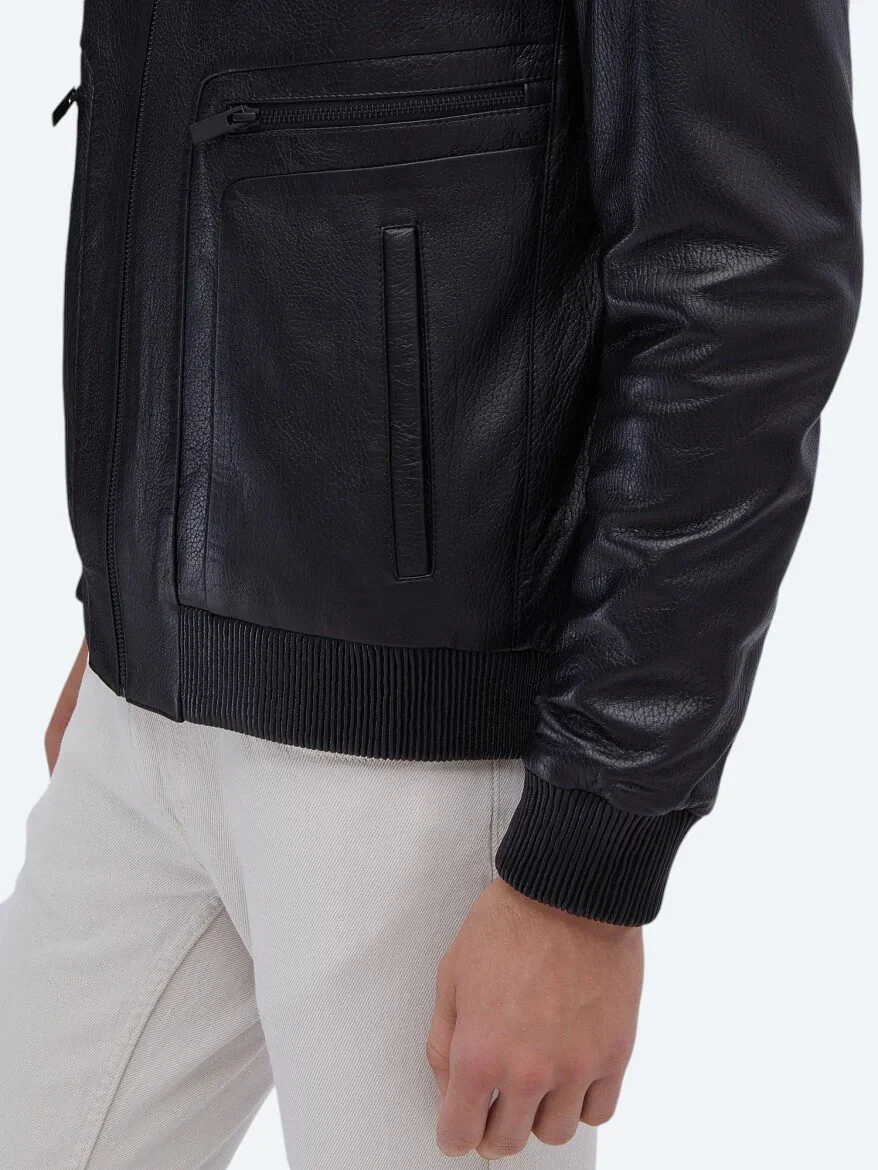 Siyah Smart Casual Koyun Derisi Deri Mont - 5