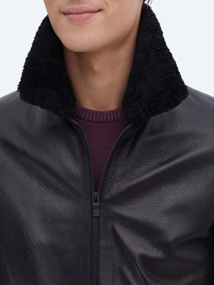 Siyah Smart Casual Koyun Derisi Deri Mont - 8