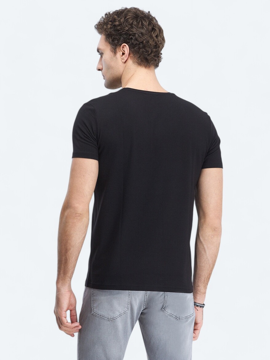 Siyah V Yaka Pamuk Karışımlı T-Shirt - 4
