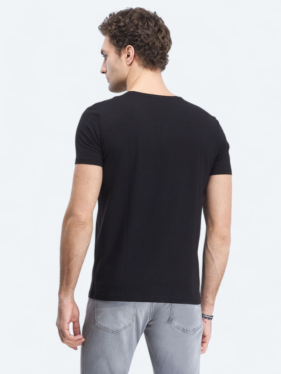 Siyah V Yaka Pamuk Karışımlı T-Shirt - 4