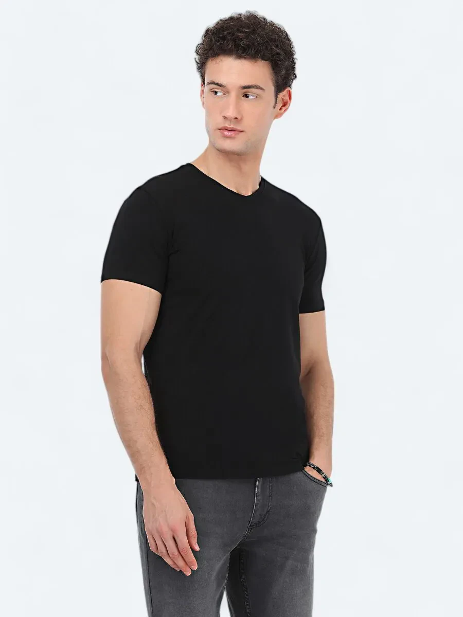 Siyah V Yaka Pamuk Karışımlı T-Shirt - 1