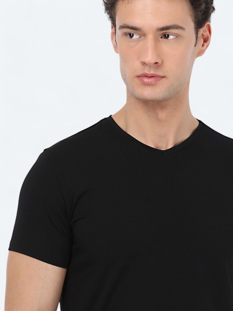 Siyah V Yaka Pamuk Karışımlı T-Shirt - 3