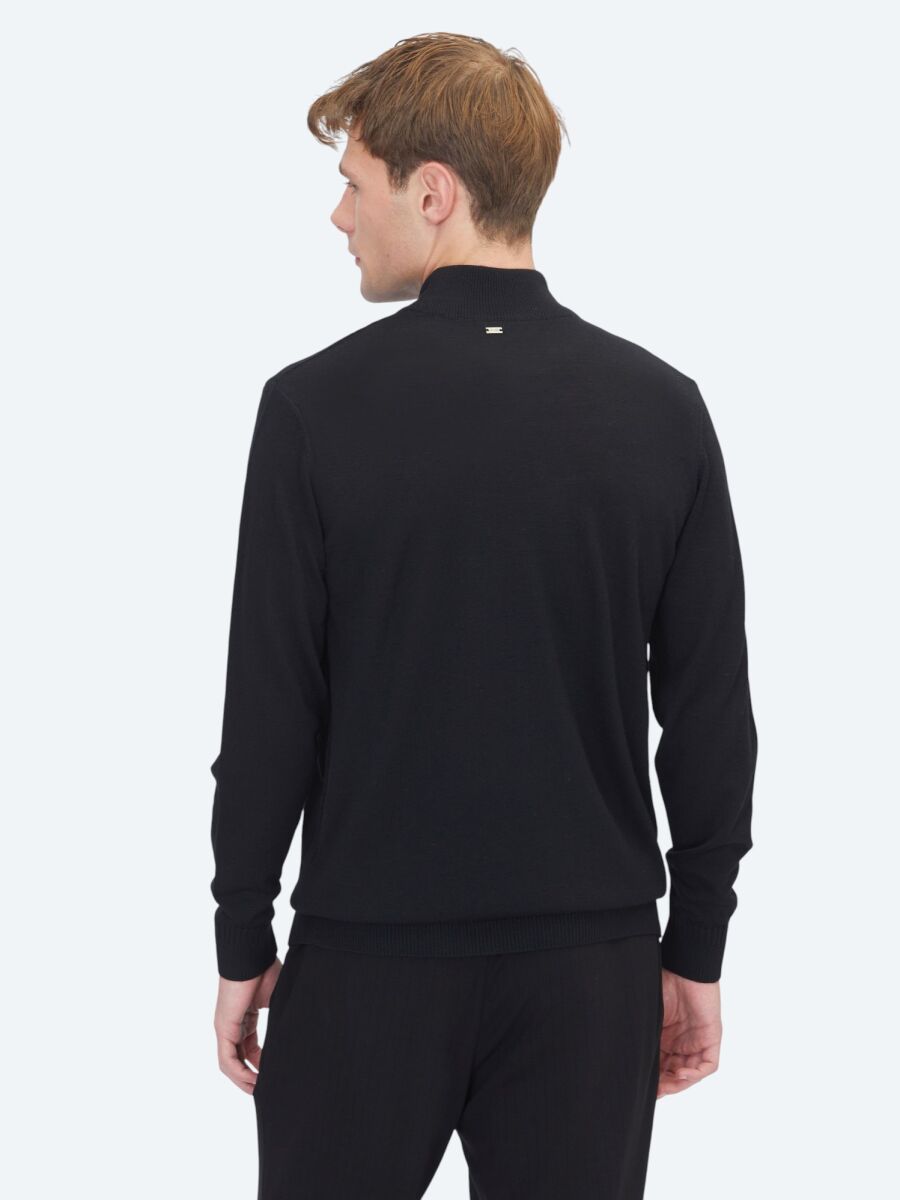 Siyah Yarım Balıkçı Yaka Jakarlı Yün Karışımlı Triko Kazak - 5