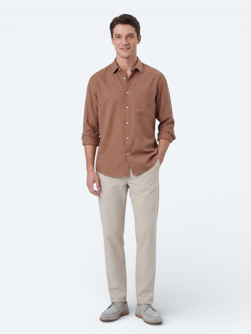 Somon Düz Oversize Fit Uzun Dokuma Casual Gömlek - 4