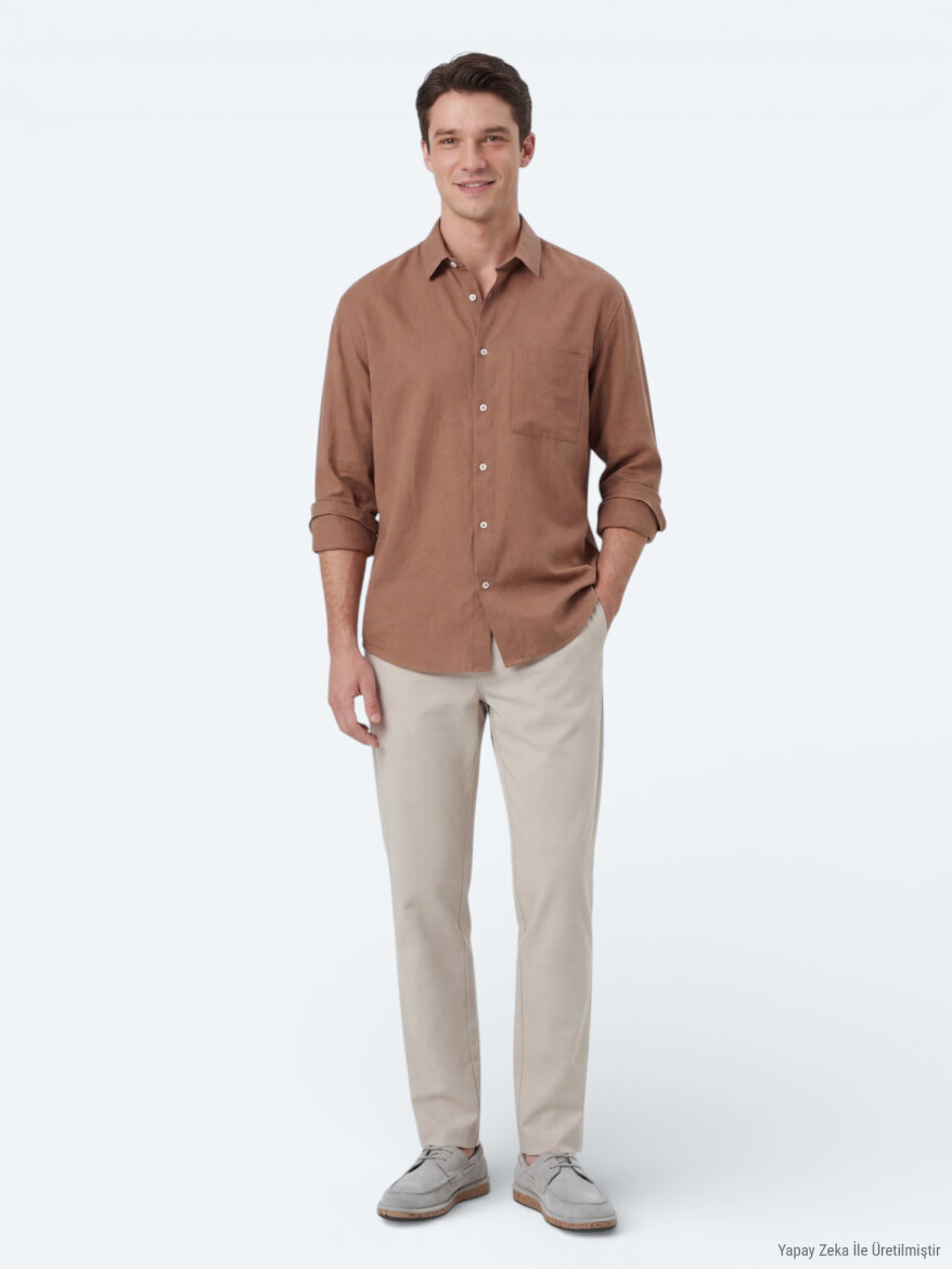 Somon Düz Oversize Fit Dokuma Casual Gömlek - 4