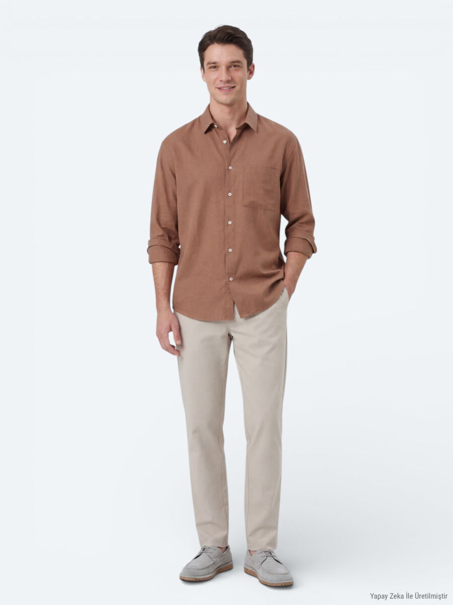 Somon Düz Oversize Fit Dokuma Casual Gömlek - 4