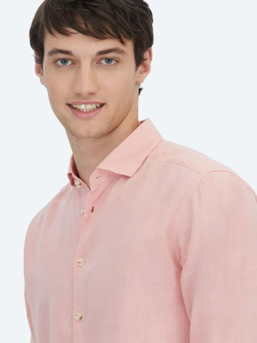 Somon Düz Regular Fit Dokuma Casual Pamuk Karışımlı Gömlek - 3