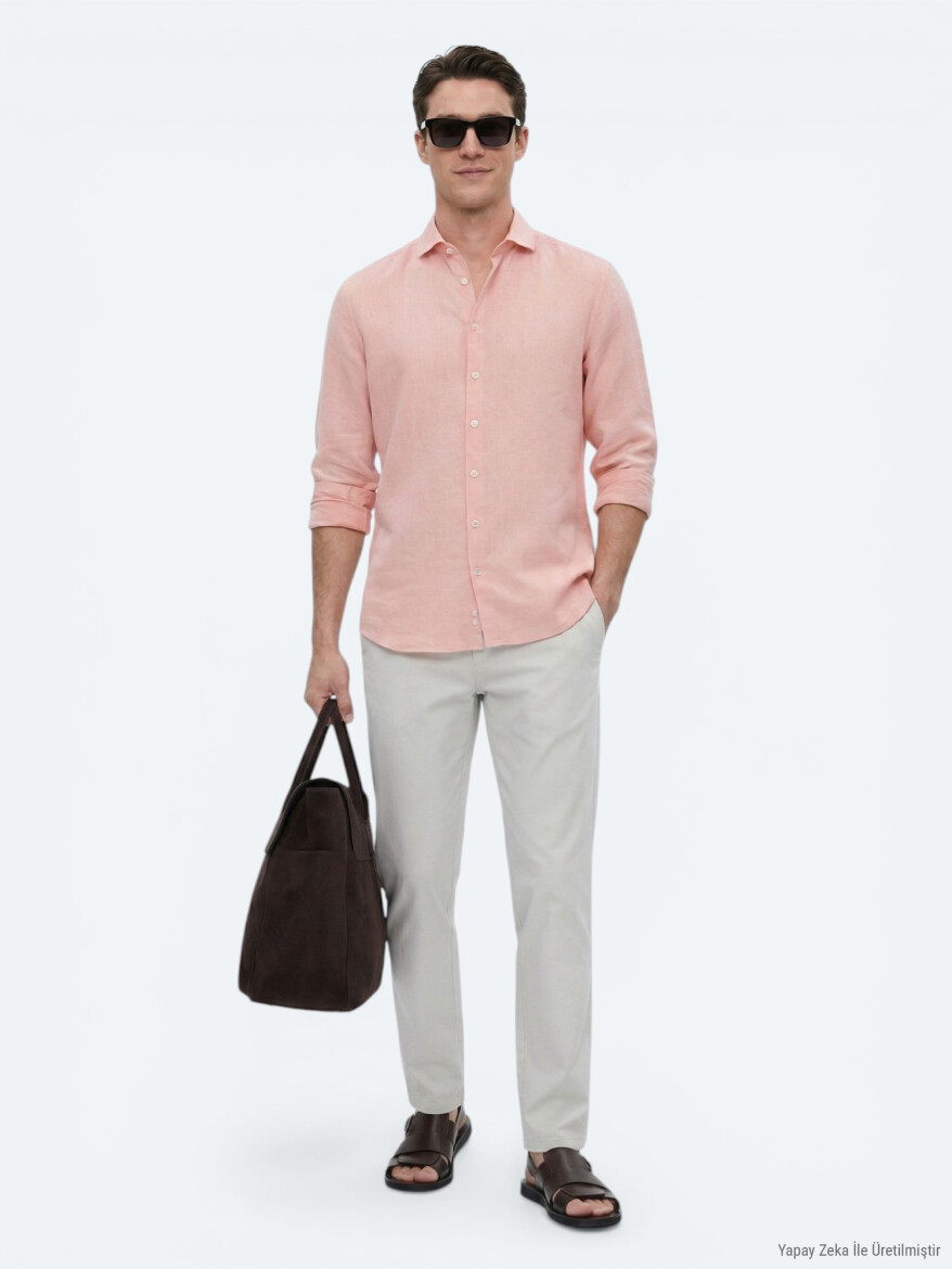 Somon Düz Regular Fit Uzun Dokuma Casual Pamuk Karışımlı Gömlek - 4
