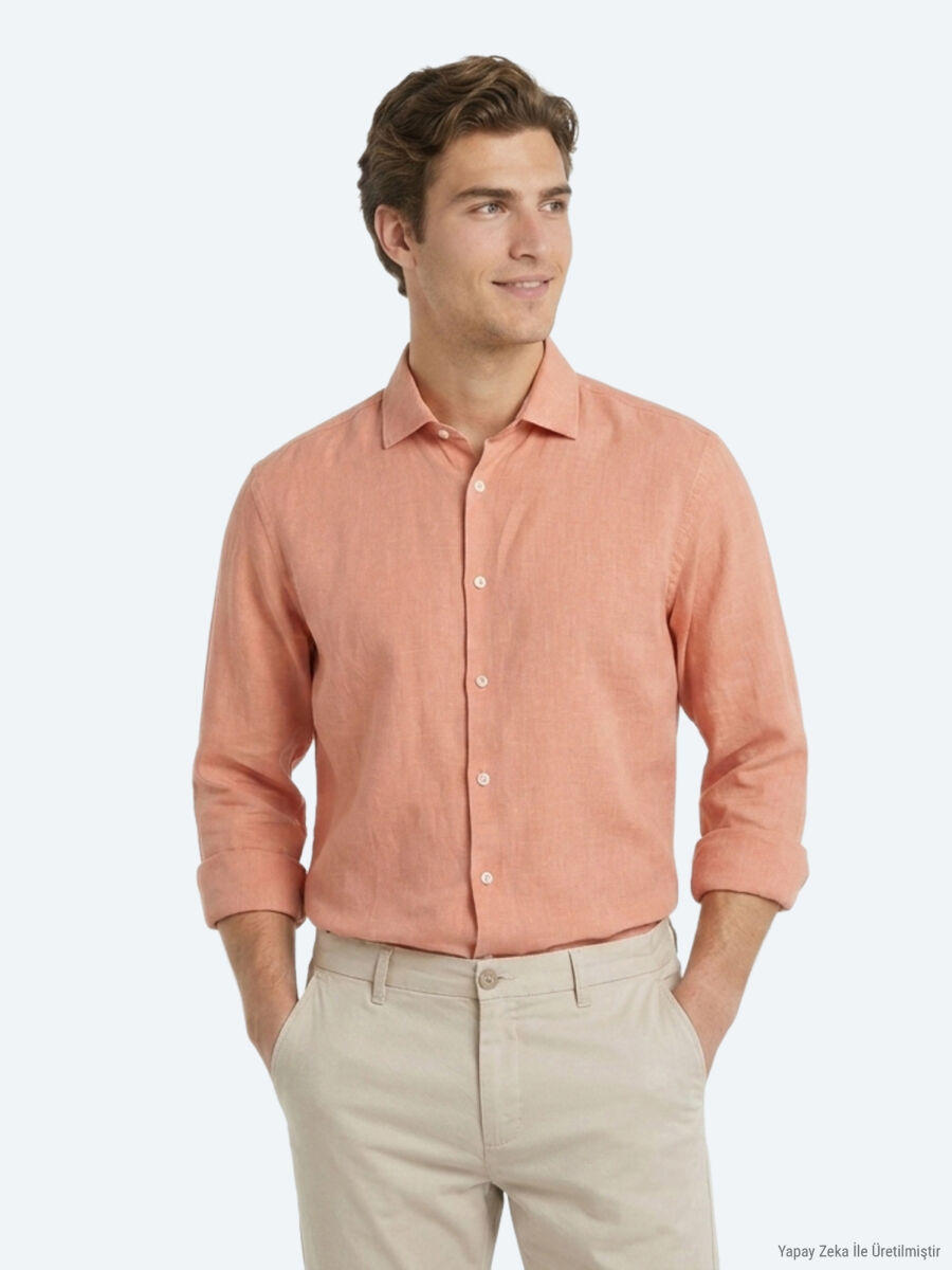Somon Düz Regular Fit Uzun Dokuma Casual Pamuk Karışımlı Gömlek - 1