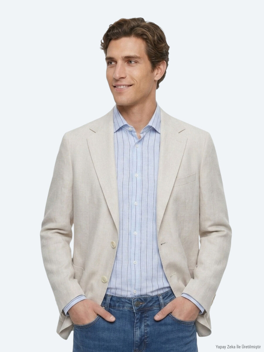 Stone Plain Modern Fit 100% Linen Jacket - 1