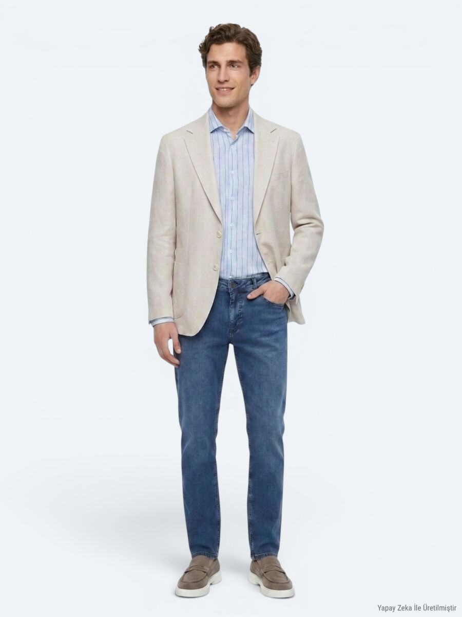 Stone Plain Modern Fit 100% Linen Jacket - 2