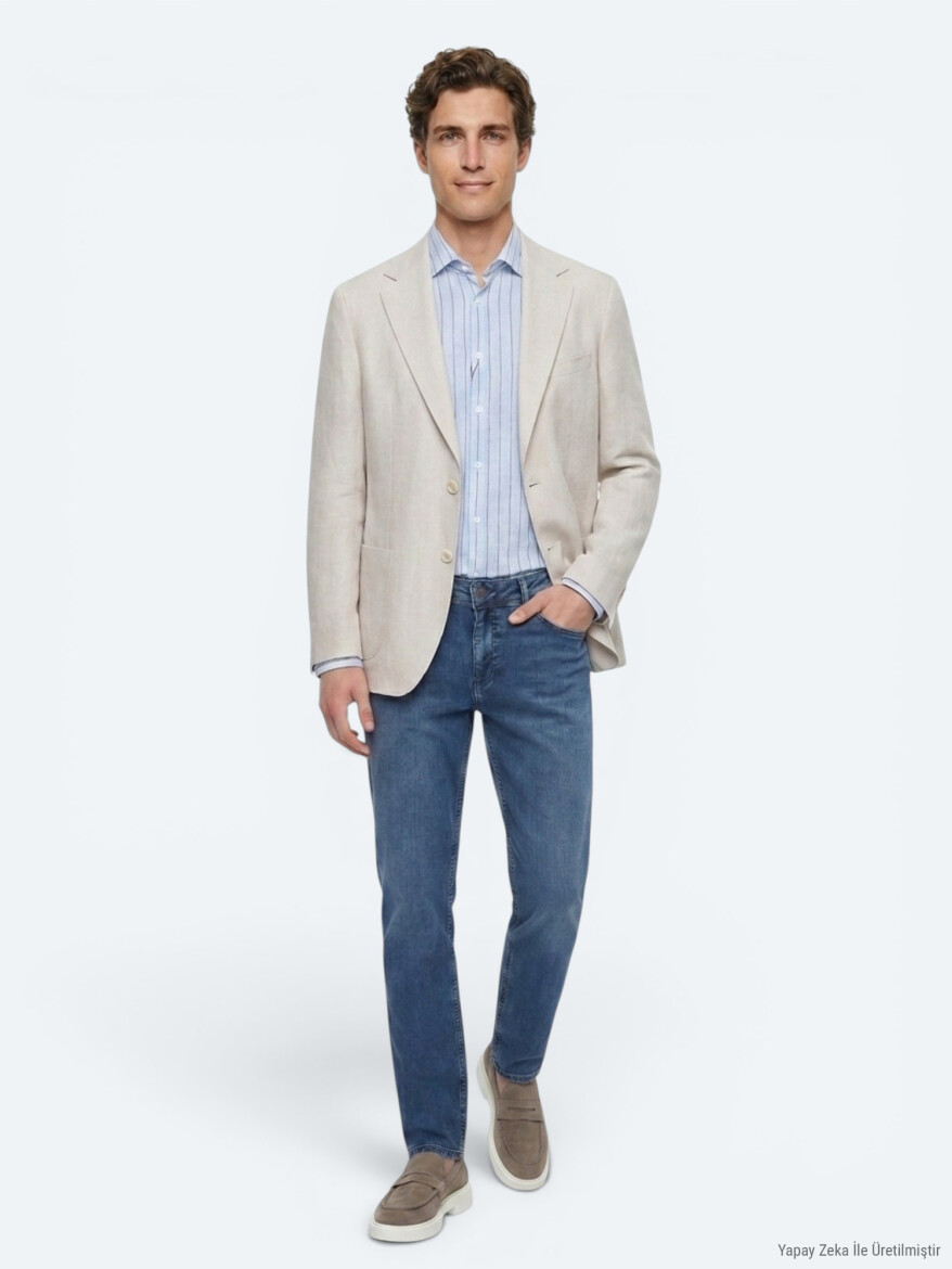 Stone Plain Modern Fit 100% Linen Jacket - 4