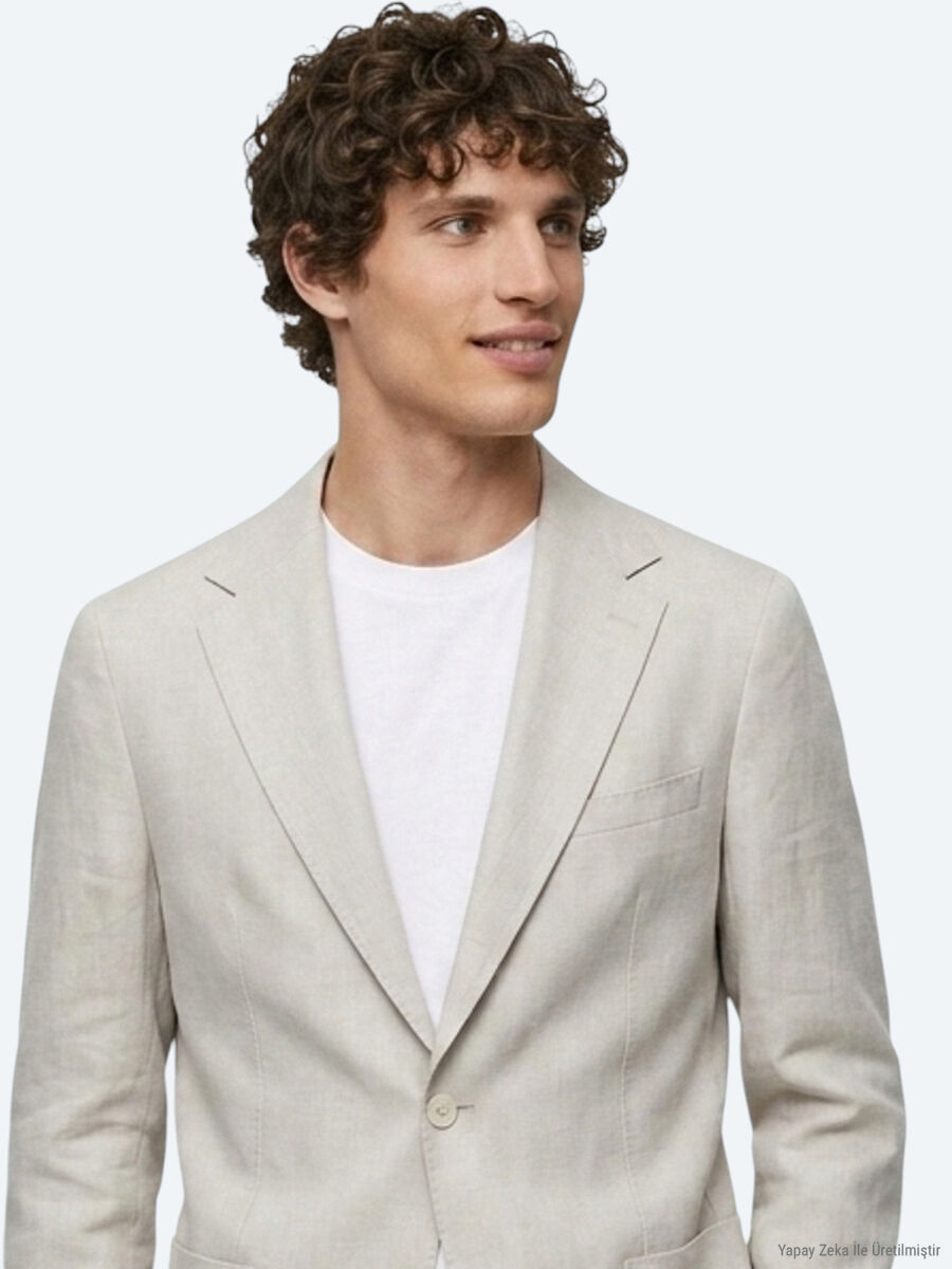 Stone Plain Modern Fit 100% Linen Jacket - 3