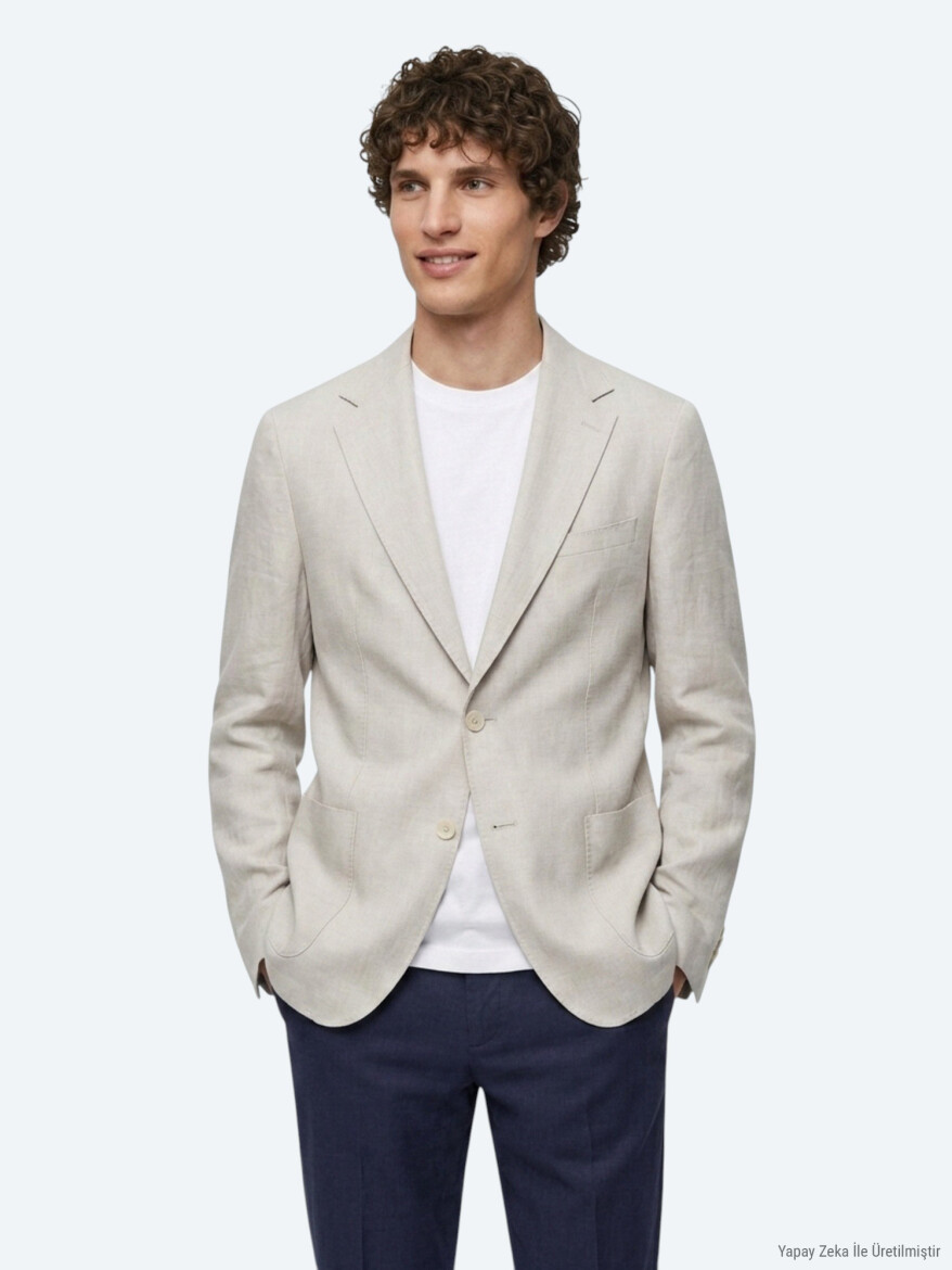 Stone Plain Modern Fit 100% Linen Jacket - 4