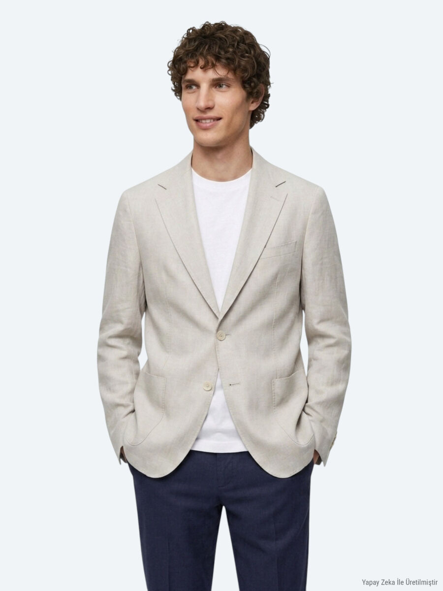 Stone Plain Modern Fit 100% Linen Jacket - 4
