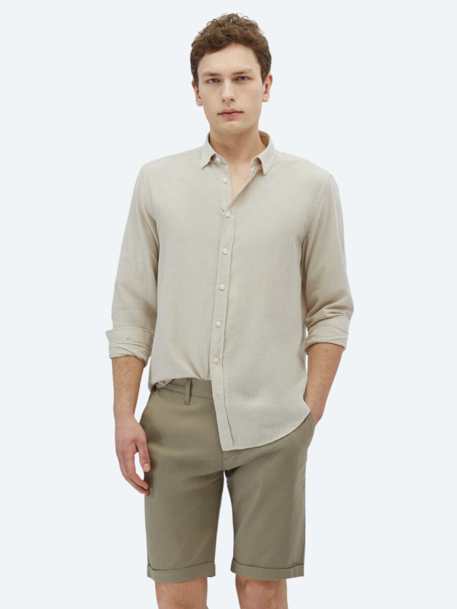 Stone Plain Regular Fit Long Weaving Casual 100% Cotton Shirt - 1