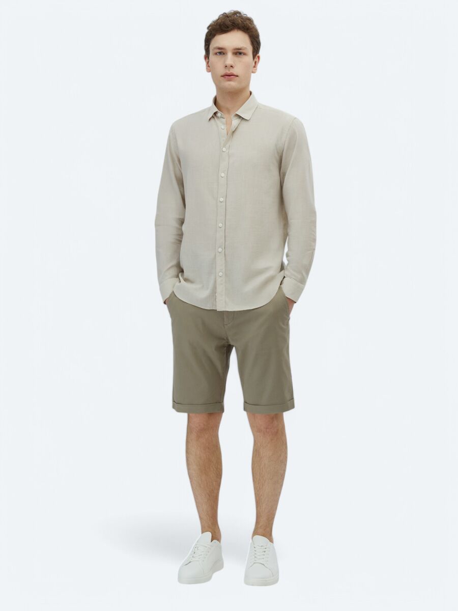 Stone Plain Regular Fit Long Weaving Casual 100% Cotton Shirt - 2