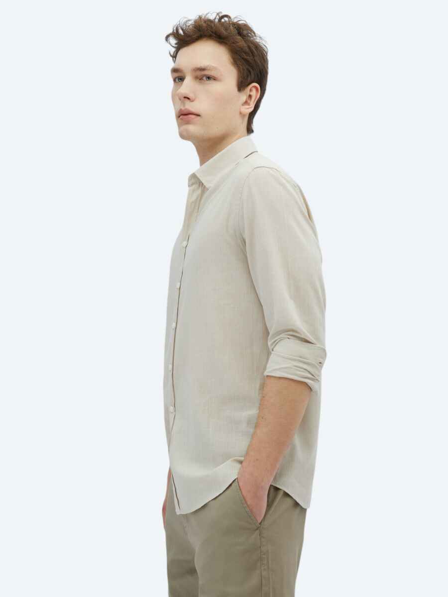 Stone Plain Regular Fit Long Weaving Casual 100% Cotton Shirt - 3