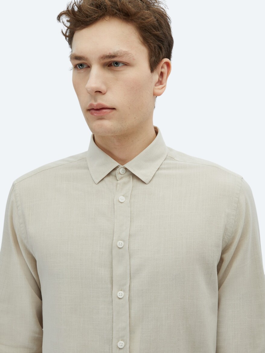 Stone Plain Regular Fit Long Weaving Casual 100% Cotton Shirt - 4