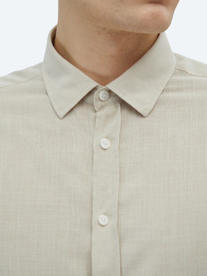 Stone Plain Regular Fit Long Weaving Casual 100% Cotton Shirt - 5