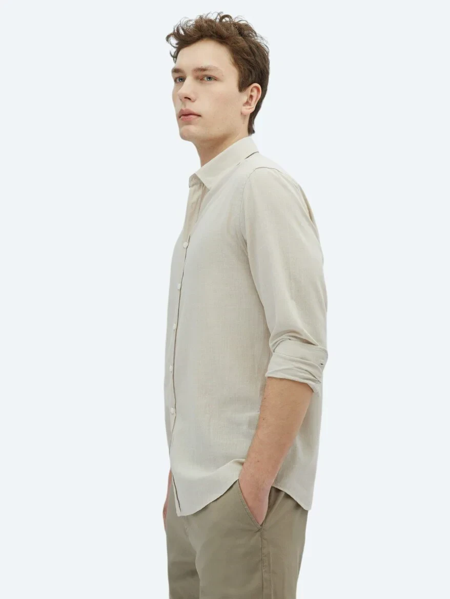 Stone Plain Regular Fit Weaving Casual 100% Cotton Shirt - 3