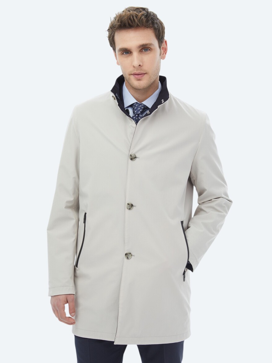 Stone Regular Fit Turtleneck Casual Weaving Double-Sided Rain Coat - 1