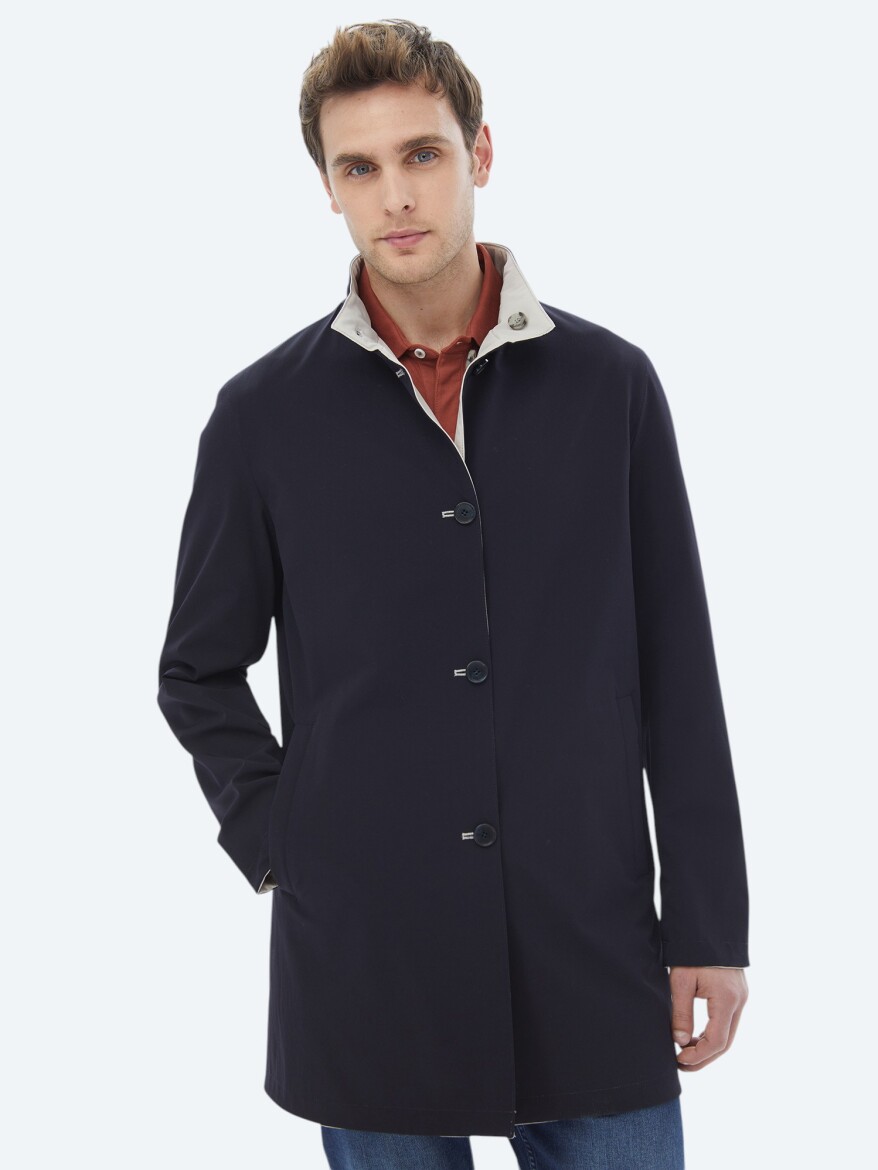 Stone Regular Fit Turtleneck Casual Weaving Double-Sided Rain Coat - 2