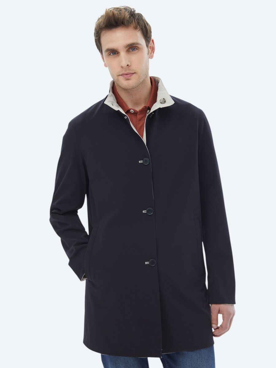 Stone Regular Fit Turtleneck Casual Weaving Double-Sided Rain Coat - 2